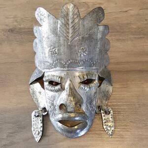 Vintage Mexican Tin Metal Mask with Beaded Eyes Folk Art Primitive Style Tribal
